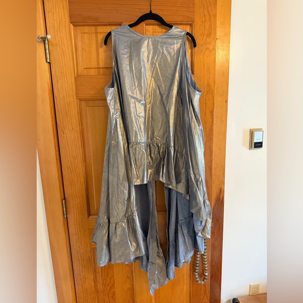Metallic Guilded Denim Silver Ruffled High-Low Tunic Top